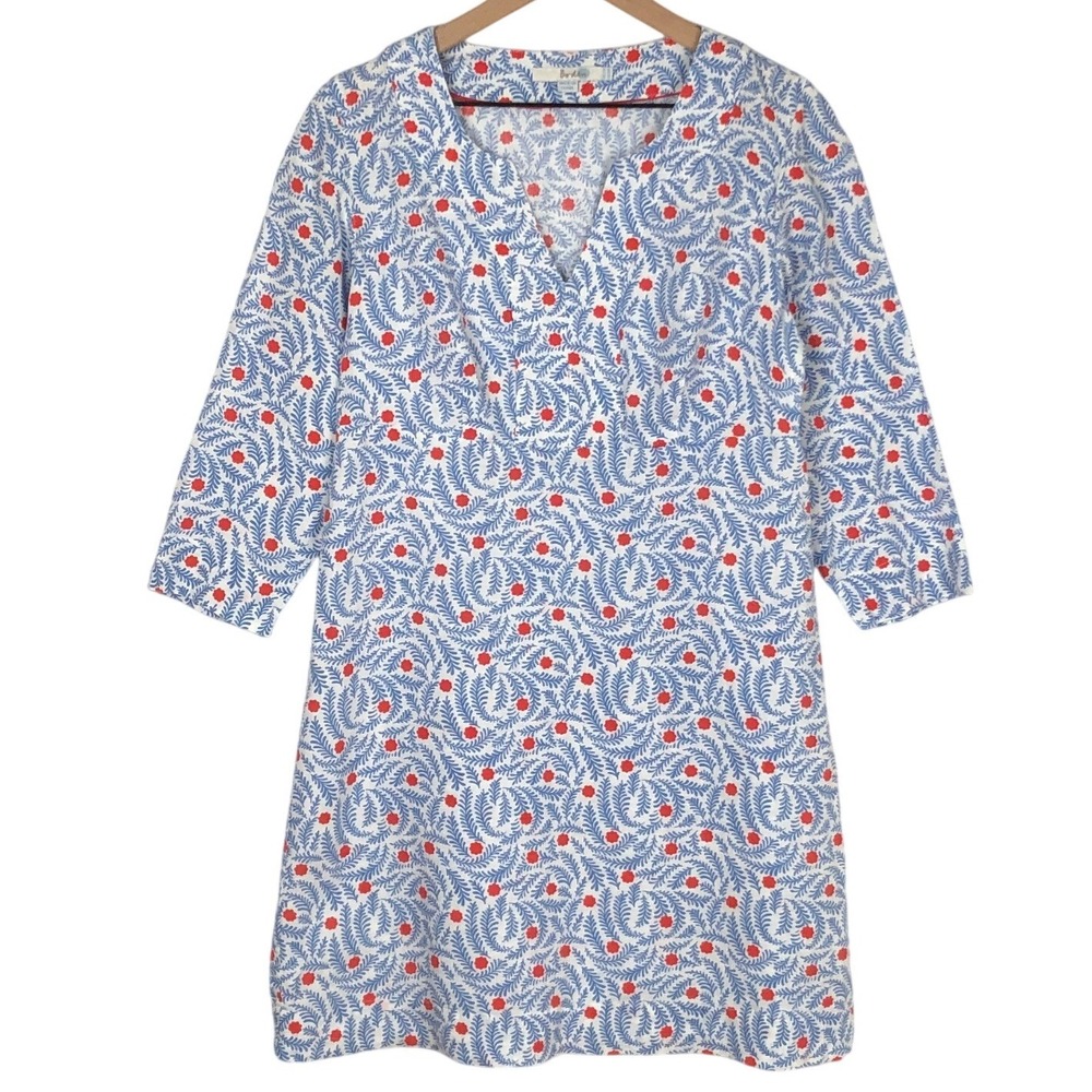 BODEN Floral 100% Linen Shift Dress Sz US 8R Blue Red White Notched Neck WW194